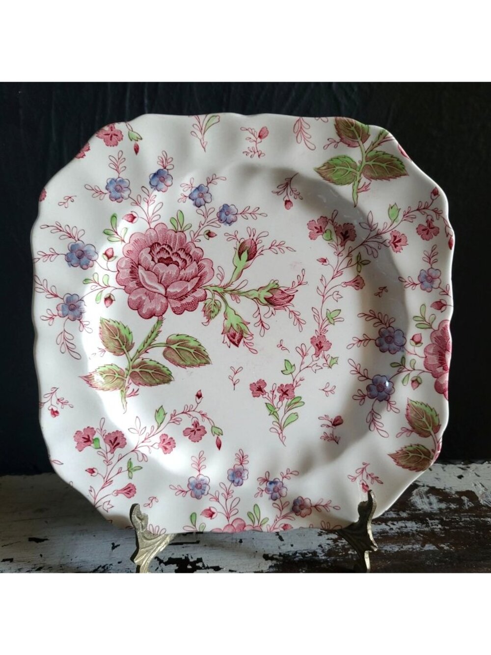 Vtg Johnson Brothers Rose Chintz Square Salad Plate Pink Backstamp *Chip